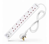 Desiretech White Electric Extension Lead, 6 Gang, 3 Metre Cable With Uk Plug & 3 Pin Socket, Wall Mountable & Multi Socket
