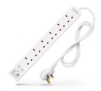 DESIRETECH White Electric Extension Lead - 6 Gang, 3 Metre Cable with UK Plug & 3 Pin Socket - Wall Mountable Power Strip for Home, Bedroom, Kitchen, & Office - Surge Protection & USB (1 Pack)
