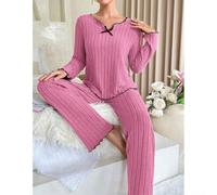 Desiumite Ladies Sleepwear Set 2 Piece Checked Trousers Pockets | 90% cotton blend for top, breathable short sleeve, for v-neck design, cool for summer sleep, skin-friendly fabric
