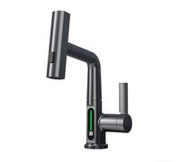 Desiumite Modern Brass Pull-Out Basin Mixer Tap with Temperature Display, 360° Swivel Waterfall Bathroom Faucet for Kitchen, Laundry(Grey)