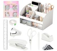 Desk Accessories with Pen Holder, Office Supplies Desk Organizers and Accessories, Tape Dispenser, Stapler, Staple Remover, Staples, Clips Set, Ruler, Scissor, Pen, Tape (White)