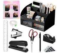 Desk Accessories with Pen Holder, Office Supplies Desk Organizers and Accessories, Tape Dispenser, Stapler, Staple Remover, Staples, Clips Set, Ruler, Scissor, Pen, Tape (Black)