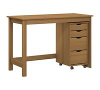 Desk & Rolling Cabinet Brown Solid Pine Mobile Storage, 112x50x75 +34x39x65.5cm