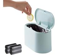 Desk Bin with Lid, Mini Desktop Bin Type Table Desktop Trash Bins Pop Up Mini Trash Can with 4 Rolls of Garbage Bags for Desk Office Bathroom Coffee Bar Tabletop Dresser(Blue)