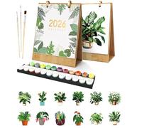 Desk Calendar 2026, Painting by Numbers Flower Calendar Desk Calendar, DIY Desk Calendar 2026 for Standing, with Brush Acrylic Paint and Base for Gifts and Home Decoration 02 Green Plants