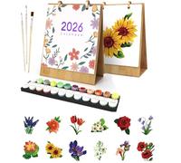 Desk Calendar 2026, Painting by Numbers Flower Calendar Desk Calendar, DIY Desk Calendar 2026 for Standing, with Brush Acrylic Paint and Base for Gifts and Home Decoration 01 Flower