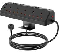 Desk Clamp Power Strip Extension Lead 2m, 9 in 1 Power Station with 5 Way UK AC Outlets, 3 USB-C & 1 USB-A Ports, 360° Rotating Table Mount, Individual Switches, 3250W Overload Protection - Black