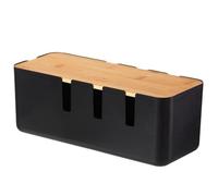 Desk Cord Organizer, Plastic Power Strip Cable Tidy Box with Bamboo Lid, Wire Holder Box for Hiding Messy Cables Wire(Black)