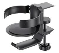 Desk Edge Cup Holder with Headphone Stand, 2 in 1 Swivel Clamp On Design for Stanley Cups and Most Desks, Black ABS Aluminum Alloy, Non Slip Base, 4.5 in / 11.5 cm Wide, No Drill Mount