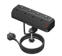 Desk Extension Lead 1.8M, BEVA 4 Way Switched Extension Socket with PD20W Charger(4 USB Ports), Desk Clamp Power Socket, Mountable Surge Protected Power Strip(13A 3250W) for Home Office-Black