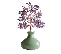 Desk Gemstone Money Tree with Ceramic Small Vase, Home Attracting Wealth Ornaments, Office Crystal Fortune Decor(Purple)