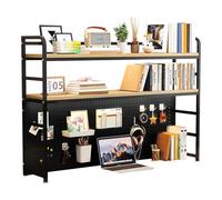Desk Hutch Shelf Dorm 2 Tier Countertop Desktop Bookshelf With Pegboard,metal /MDF Desk Top Bookcase for Computer desk, Desk Storage Organizer Rack for Office Home Dormitory(Black,110cm/43.3in)