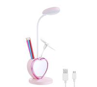 Desk Lamp Kids with Mirror, Small Cute Desk Lamp with USB Fan Pencil Holder, Phone Stand and USB Charging Port, Eye-Caring Study Table Lamp Pink for Teens Girls College Dorm Reading, Women Girls Gift