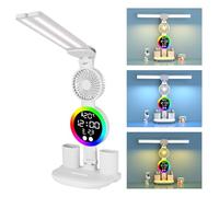 Desk Lamp LED Table Lamp Dimmable, Study Lamps Rechargeable Reading Light with Clock and Fan, Touch Control Desk Light, Foldable Wireless Table Lights for Studying Working Reading (White-2 LED)