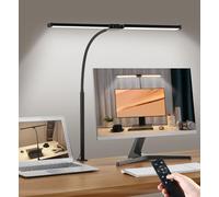 Desk Lamp with Clamp, Double Head Desk Light with Remote Control, 5 Lighting Modes & 10 Brightness Levels Clip-On Desk Lamp with Power Adapter, Eye-Caring Table Lamp, LED Monitor Light, Black