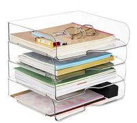 Desk Letter Tray Set, A4 Size Clear PET Stackable Document Organizer Office Desktop File Paper Holder Book Storage Rack Side Load Anti-Skid Stacking Support Convex Bottom