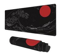 Desk Mat, Black Japanese Style Wave and Red Sun Extended Gaming Mouse Pad Large, 31.5"x11.8" Big Mouse Pad with Non-Slip Base and Stitched Edge, Long Computer Keyboard Mouse Mat for Home Office Work