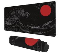 Desk Mat, Black Japanese Style Wave and Red Sun Extended Gaming Mouse Pad Large, 35.4"x15.7" Big Mouse Pad with Non-Slip Base and Stitched Edge, Long Computer Keyboard Mouse Mat for Home Office Work