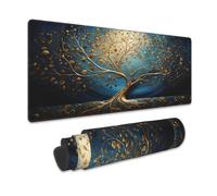 Desk Mat,Blue Golden Tree and Waves Extended Gaming Mouse Pad Large, 31.5"x11.8" 3D Modern Art Landscape Mouse Pad with Non-Slip Base and Stitched Edge,Computer Keyboard Mouse Mat for Home Office