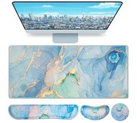 Desk Mat Blue, Large Gaming Mouse Pad with Wrist Rest, 4in1 XXL Mousepad+Keyboard Wrist Rest+Mouse Pad Wrist Support+Cup Coaster Set Ergonomic Computer Desk Arm Wrist for Decor Home Office Table Women