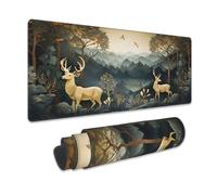 Desk Mat, Green and Golden Forest Trees and Deer Extended Gaming Mouse Pad Large, 31.5"x15.7" Big Mouse Pad with Non-Slip Base and Stitched Edge, Long Computer Keyboard Mouse Mat for Home Office Work