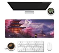 Desk Mat,Pagoda with Cherry Blossoms Large Gaming Mouse Pad for Desk XL,Moon Cherry Blossoms Desk Pad,Extended Big Computer Keyboard Mouse Pad with Non-Slip Base Stitched Edges 31.5"x11.8"
