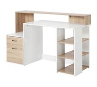 White And Wood Desk Wooden Computer Desk 140Lx55Dx92H Cm Modern Home Office Writing Workstation Furniture Printer Shelf Rack Storage Drawer & Shelves