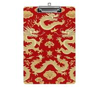 Desk Office Supply Accessories Unisex Fashion Acrylic Clipboard with Low Profile Clip Red Chinese Dragons Floral