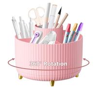 Desk Organiser, 360°Rotating Pen Holder Pen Pot, Makeup Brush Holder with 5 Compartments, Desktop Storage Stationery Supplies Organizer, Pencil Holders for Desk Tidy Home, School, Office (Pink)