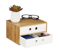 Relaxdays Desk Organiser, 2 Drawers, Office Storage Box, HxWxD: 14 x 25 x 20 cm, Bamboo & MDF, White