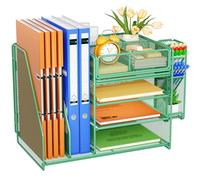 Desk Organiser File Holder,4 Pen Holder,5-Tier Paper Letter Tray Organiser with Drawer,Mesh Desktop Storage with Magazine Holder for Office Supplies (Green)