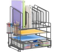 Desk Organiser Tray Set - 4 in 1 Includes 2 Tier Letter Paper Trays, 5 Vertical File Stand, 2 Pen Holders, 1 Drawer for Office Tidy - Black