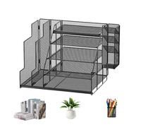 Desk Organiser with File Holder, 5-Tier Paper Letter Tray Organizer with Drawer & Pen Holder, Mesh Desktop File Organizer with Magazine Holder for Home Office Supplies (Black)