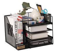 Desk Organizer Letter Trays with File Holder, 4-Tier Desk File Organizer with Drawer and Pen Holder, Mesh Desk Organizers and Accessories with Magazine Holder for Office Supplies (Black)