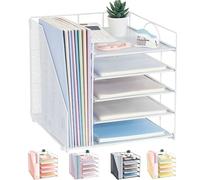 Desk Organizers with File Holder, 5-Tier Paper Organizer Letter Tray with Sliding Drawer and Extra Pen Holder, Mesh Desktop File Organizer for School Office Supplies (White)