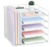 Desk Organizers with File Holder, 5-Tier Paper Organizer Letter Tray with Sliding Drawer and Extra Pen Holder, Mesh Desktop File Organizer for School Office Supplies (White)
