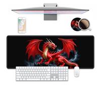 Desk Pad Mat Gaming Mouse Pads with Coasters Set, Red Dragon Large Extended Desk Mousepad with Stitched Edge & Non-Slip Rubber Base for Work, Game, Office, Home (31.5"x 11.8")