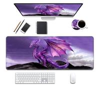 Desk Pad Mat Gaming Mouse Pads with Coasters Set, Stitched Edges Design Mouse Pad XL Large Mouse Pad for Laptop Computers Purple Dragon Desk Writing Mat for Office & Home 31.5"x 11.8"