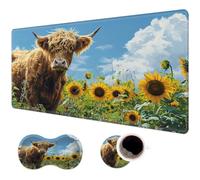 Desk Pad Mat + Wrist Rest Pad + Coasters Set, Durable Office Desk Mat 31.5"x 11.8", Large Gaming Mouse Pad Extended Non-Slip Rubber Base Keyboard Pad for Laptop & Home,Sunflower Highland Cow