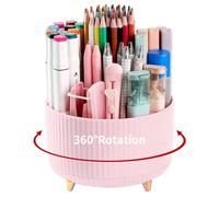 Desk Pencil Pen Holder, 5 Slots 360°Degree Rotating Pencil Pen Organizers for Desk, Desktop Storage Stationery Supplies Organizer, Cute Pencil Cup Pot for Office, School, Home, Art Supply, Pink