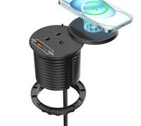 Desk Power Grommet with Wireless Charger, Ohuo Desk Power Socket with USB C 20W and USB A Port 1,8m Cable, Black