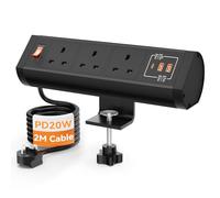 Desk Power Socket with USB C PD20W, Desk Clamp Power Strip 3 Way Plug with Switch, Desktop Power Outlet with 2M Extension Cords, 13A, Black