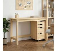 Desk & Rolling Cabinet Brown Solid Pine Mobile Storage, 112x50x75 +34x39x65.5cm