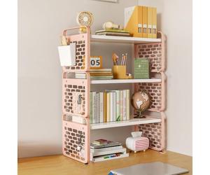 Desk shelf with steel frame and top, desk organizer with elegant design, corner organizer and storage option for the desk, top shelf for student dormitories (color: pink, size: 40 cm, 3 levels)