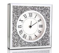 Desk Small Clocks 8x8x2 Inch Crystal Sparkle Twinkle Bling Square Crushed Diamond Mirrored Table Top Decorative Clock for Home Decoration Silver Mirror Home Decor. AA Battery is not Included.