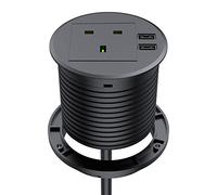 Desk Socket with USB, Haylink Desk Grommet 80mm Cut-Out Hole Cover with 1 UK Plug, Power Socket Grommet Connect 6.56ft Extension Cord(Black)