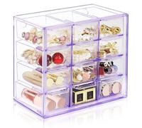 Desk Storage Organizer with 12 Mini Drawers, ToyaJeco Clear Desktop Craft Drawer Cabinet, Stackable Storage Box Caddy for Makeup Jewelry Office Craft Supplies (Purple)