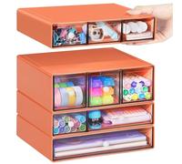 Desk Storage Organizer with 9 Drawers, ToyaJeco 4 Packs Stackable Desktop Craft Drawer Cabinet, Clear Makeup Storage Box Caddy for Jewelry Office Craft Supplies (Orange)