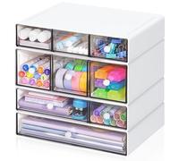 Desk Storage Organizer with 9 Drawers, ToyaJeco 4 Tiers Stackable Desktop Craft Storage Drawers, Clear Storage Box Caddy for Stationary Makeup Jewelry Office Craft Supplies (White)