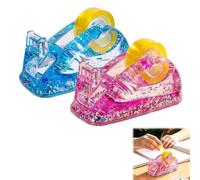 Desk Tape Dispenser - Clear Acrylic Glitter with Non-Slip Base & Liquid Glitter Effect, Modern Stationery Desktop Tape Holder for Mailing, Wrapping, Warehouse, Home, School & Office，Pink+Blue